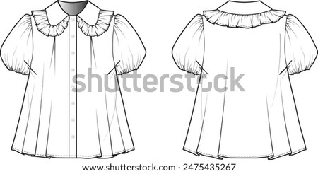 Ruffled Collar Puff Sleeves Button Down Blouse