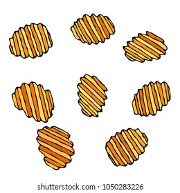 Ruffled or Corrugated Potato Chips. Beer Snack. Figure Knife Cuts of Vegetable. Carved Cooking Ingredient. Fast Food or Street Food Cuisine. Realistic Hand Drawn Illustration. Savoyar Doodle Style.