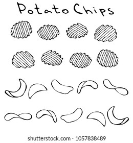 Ruffled or Corrugated Potato Chips. Beer Snack. Figure Knife Cuts of Vegetable. Carved Cooking Ingredient. Fast Food or Street Food Cuisine. Realistic Hand Drawn Illustration. Savoyar Doodle Style.