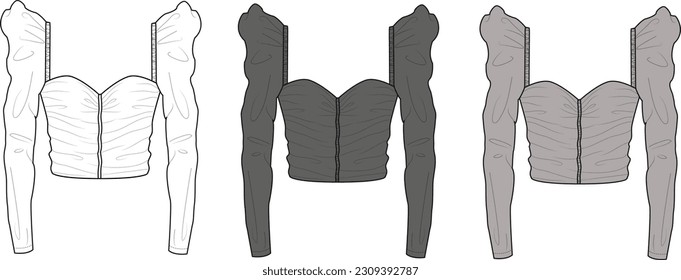 Ruffled Cropped Blouse flat sketch technical drawing vector illustration template