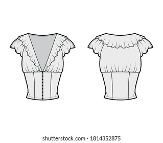 Ruffled cropped blouse technical fashion illustration with short flutter sleeves, front button fastenings, fitted body. Flat apparel top template front, back grey color. Women men unisex shirt mockup