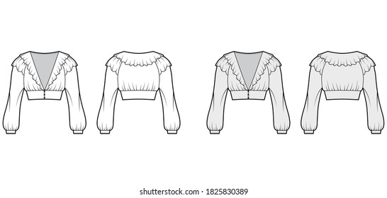 Ruffled cropped blouse technical fashion illustration with long bishop sleeves, puffed shoulders, front button fastenings. Flat top template front, back white grey color. Women men unisex shirt CAD