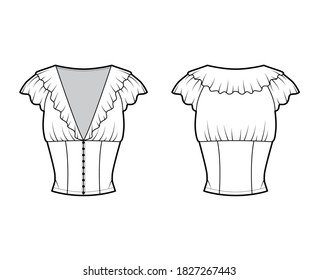 Ruffled cropped blouse technical fashion illustration with short flutter sleeves, front button fastenings, fitted body. Flat apparel top template front, back white color. Women men unisex shirt mockup