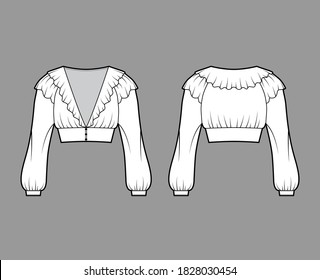 Ruffled cropped blouse technical fashion illustration with long bishop sleeves, puffed shoulders, front button fastenings. Flat apparel top template front, back white color. Women men unisex shirt CAD