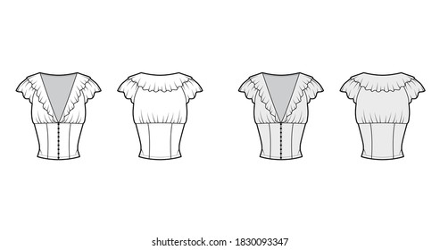 Ruffled cropped blouse technical fashion illustration with short flutter sleeves, front button fastenings, fitted body. Flat apparel top template front, back white grey color. Women men unisex shirt