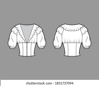 Ruffled cropped blouse technical fashion illustration with elbow puff sleeves, front button fastenings, fitted body. Flat apparel top template front back white color. Women men unisex shirt CAD mockup