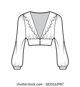Ruffled cropped blouse technical fashion illustration with long bishop sleeves, puffed shoulders, front button fastenings. Flat apparel top template front, white color. Women men unisex shirt mockup
