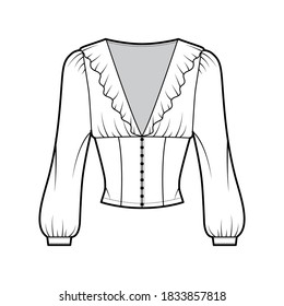 Ruffled cropped blouse technical fashion illustration with long bishop sleeves, puffed shoulders, front button fastenings. Flat apparel top template front, white color. Women men unisex shirt mockup