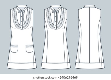 Ruffled Dress technical fashion Illustration. Tie Neck mini Dress fashion flat technical drawing template, sleeveless, button, pockets, front and back view, white, women CAD mockup set.