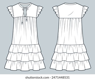 Ruffled Dress technical fashion illustration. Layered Dress fashion flat technical drawing template, mini length, relaxed fit, front and back view, white, women Dress CAD mockup.