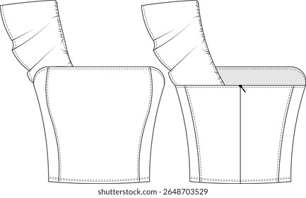ruffled frilled one shoulder strap sleeveless asymmetric princess darted zippered fit bodycon blouse top bustier template technical drawing flat sketch cad mockup fashion woman design style model 