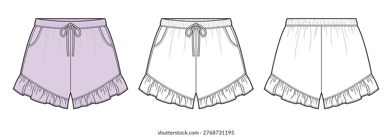 Ruffled Hem Lounge Shorts Technical Fashion Illustration. Women Sleepwear Shorts Vector Template. Front Back View. Elastic Waist Drawstring. Relaxed Fit Pajama Shorts. White Color CAD Mockup