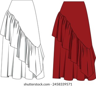 ruffled, long flare skirt illustration, blank template and illustration in red color