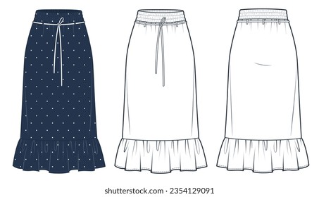 Ruffled midi Skirt technical fashion illustration. Polka-dot Skirt fashion flat technical drawing template, midi lengths, elastic waistband, front and back view, white, blue, women CAD mockup set.    