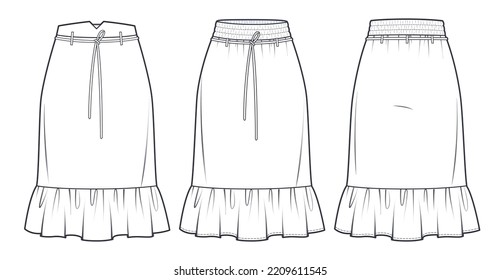 Ruffled midi Skirts technical fashion illustration. Set of Skirts fashion flat sketch template, ruffled, midi lengths, elastic waistband, front and back view, white,  mockup set.    