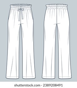 Ruffled Pants technical fashion illustration. Pajama Pants fashion technical drawing template, drawstring, relaxed fit, front, back view, white, women, men, unisex Activewear, Sleepwear CAD mockup.