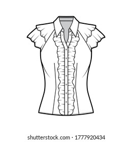 Ruffled shirt technical fashion illustration with sharp collar, fluttery ruffles short sleeves, fitted body. Flat apparel template front white color. Women, men unisex garment CAD mockup for designer