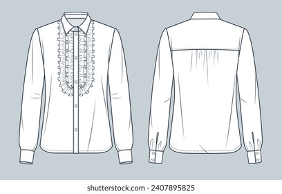 Ruffled Shirt technical fashion Illustration. Classic Shirt fashion flat technical drawing template, cuffed long sleeve, button down, front and back view, white, women CAD mockup.