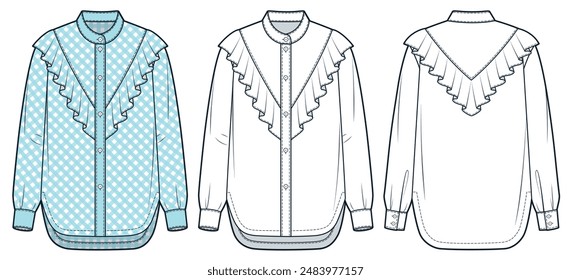 Ruffled Shirt technical fashion Illustration. Blouse fashion flat technical drawing template, checkerboard pattern, button closure, cuffed sleeve, front, back view, white, blue, women CAD mockup set.