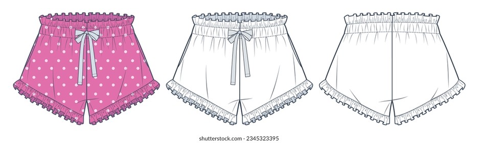 Ilustración de moda técnica de los Shorts espantados, diseño de polka-dot. Pantalones cortos diseñan planas de dibujo técnico, cordón de dibujo, frontal, retrovista, blanco, rosa, ropa activa, ropa de dormir mujeres maquillaje CAD maquillaje.