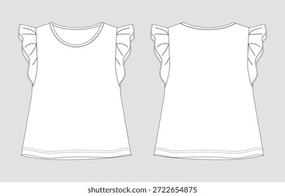 Vista frontal y posterior de boceto plano de manga con volantes
