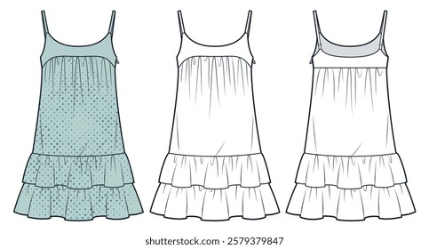 Ruffled Tiered Slip Dress with Spaghetti Straps and Halftone Print technical fashion illustration. Mini Dress fashion flat technical drawing template, front, back view, white, blue, women CAD mockup.