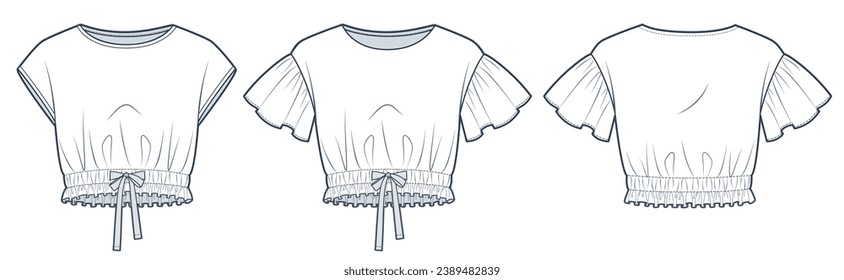 Plantilla de dibujo técnico plano de moda superior. Ilustración técnica de moda de camiseta recortada, manga frita, ajuste relajado, cintura de cuerda levadiza, frente, retrovista, blanco, niñas, mujeres conjunto de maquillaje CAD.