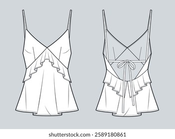 Ruffled Top technical fashion illustration. Spaghetti Straps Top fashion flat technical drawing template, bias cut, open back, tie back, front and back view, white, women CAD mockup.