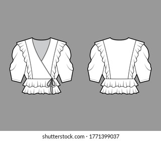  Ruffled wrap blouse technical fashion illustration with peplum hem, elbow volume sleeves. Flat apparel shirt template front, back white color. Women, men and unisex mockup CAD for designer
