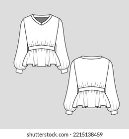 Ruffles Balloon Sleeve top Waist panel Gathering Ruffles hem V Neck Long Sleeve with cuffs Fashion Flat Sketch template Drawing design vector
