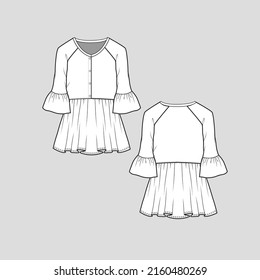 Ruffles bell sleeve raglan tunic top  button panel waist gathering Ruffles hem dress  t shirt blouse fashion flat sketch technical drawing template design vector