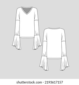 Ruffles Bell Sleeve Top drop shoulder long sleeve cad Fashion design outline drawing template
