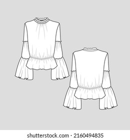 Ruffles bell sleeve top mock neck frills waist elastic gathering ruffles fashion sleeve blouse clothing flat sketch technical drawing template design vector