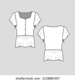 Ruffles button panel peplum top Ruffles sleeve button panel placket waist peplum ruffles gathering hem  detail  fashion t shirt top blouse clothing flat sketch technical drawing template design vector