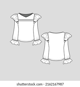 Ruffles Cap sleeve top V Neck Fancy detail Elastic gathering Ruffles long sleeve hem Fashion clothing outline flat sketch technical drawing template design vector
