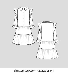 Ruffles Collar Neck Long Sleeve Dress Button panel placket waist Elastic gathering ruffles frill hem sleeve ruffles fashion hem dresses clothing flat sketch technical drawing template