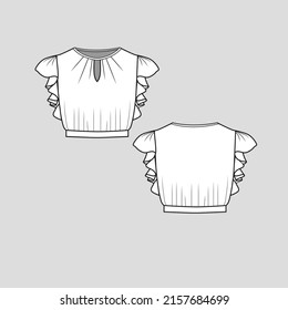 Ruffles crop top crew neck keyhole neck gathering ruffles sleeve cropped top t shirt blouse clothing fashion flat sketch technical drawing template design vector
