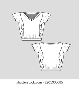 Ruffles crop top v neck ruffles gathering hem Fashion flat sketch template design drawing vector