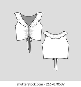 Ruffles Elastic Gathering knotted lace up crop top Sleeveless cropped knot tie  Fashion t shirt top blouse Flat Sketch Technical Drawing Template Vector Design