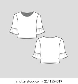 ruffles elbow sleeve crop top crew neck cropped  fashion  flat sketch technical drawing template design vector