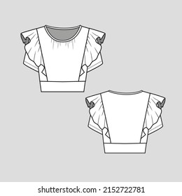 ruffles fashion crew neck gathering  short sleeve top  ruffle flounce flare detail apparel garment clothing fashion flat sketch technical drawing template design vector