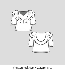 Ruffles Fashion Crop top V Neck Gathering hem short sleeve shoulder ruffles Fashion cropped clothing outline flat sketch technical drawing template design vector