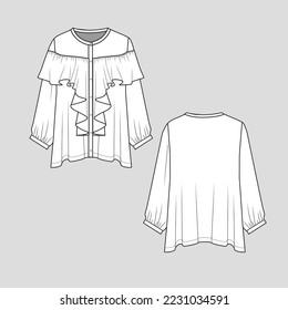 Ruffles Fashion henley neck blouse top full open button panel placket front gathering ruffle detail  long sleeve with cuffs gathering fashion ruffle t shirt  flats template technical drawing sketches 