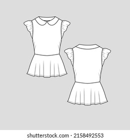 Ruffles fashion peplum top collar neck ruffles sleeve peplum dress  fashion t shirt top blouse clothing flat sketch technical drawing template design vector