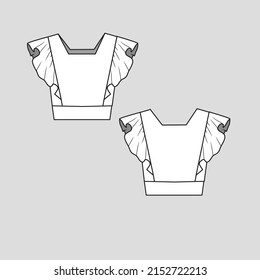 ruffles  fashion sleeve crop top square neck shoulder ruffle flounce flare detail apparel garment clothing fashion flat sketch technical drawing template design vector