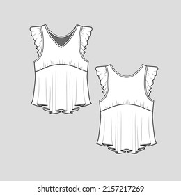 Ruffles Fashion tank Top armhole Ruffles Sleeve  gatherings detail ruffles flounce flare hem tank t shirt top blouse fashion clothing flat sketch technical drawing template design vector