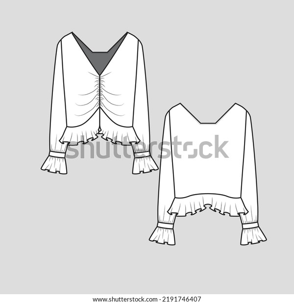 Ruffles\
Fashion Top Gathering Detail Ruffle hem long Sleeve  t shirt top\
Blouse flat sketch outline drawing\
template
