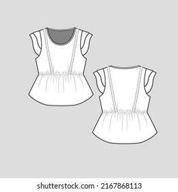 Ruffles Frill Sammeln Top-Crew-Hals-elastisch Sammeln gestufte Ruffelärmel Detail Modemanschluss Oberbluse Tee Flat Sketch Technische Zeichnung Vorlage Vektordesign