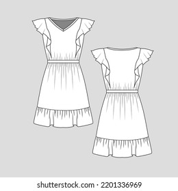 Ruffles Gathering Dress V Neck waist gathering ruffle hem Fashion dresses flat sketch template drawing vector