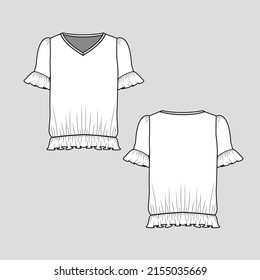 Ruffles gathering hem top  ruffles hem detail short sleeve ruffles hem  flounce flare hem t shirt blouse top fashion flat sketch technical drawing template design vector
